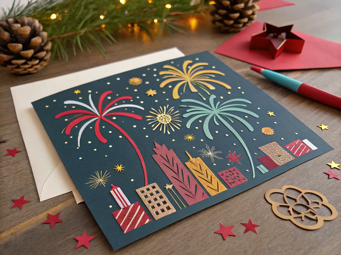 Nyårskort med fyrverkerier